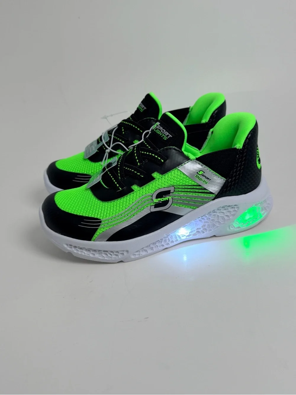 Skechers Bright Green and Black Kids Athletic Sneakers with Silver Details